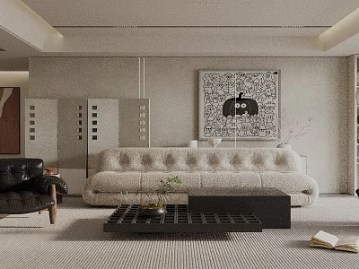 Modern Living Room Interior With Beige Sofa Black Armchair Decorative Painting And Lighting Fixture 3d model