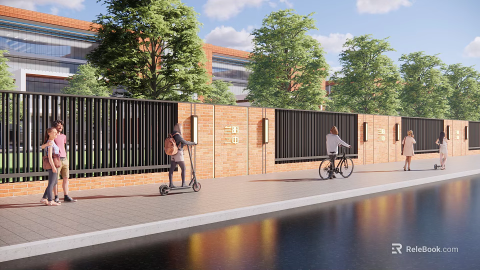 Red Brick Exterior Wall with Black Metal Fences People Walking Riding Scooter Bicycle Trees Water 3d model 