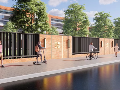 Red Brick Exterior Wall with Black Metal Fences People Walking Riding Scooter Bicycle Trees Water 3d model
