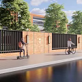 Red Brick Exterior Wall with Black Metal Fences People Walking Riding Scooter Bicycle Trees Water
