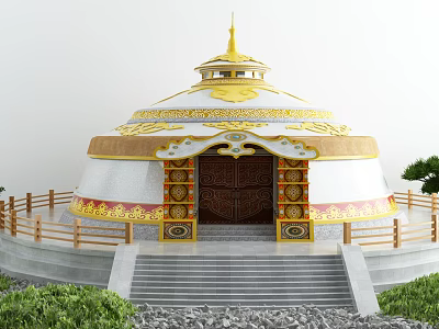 Traditional Round Building With Golden Spire White Exterior Intricate Patterns And Stone Steps 3d model