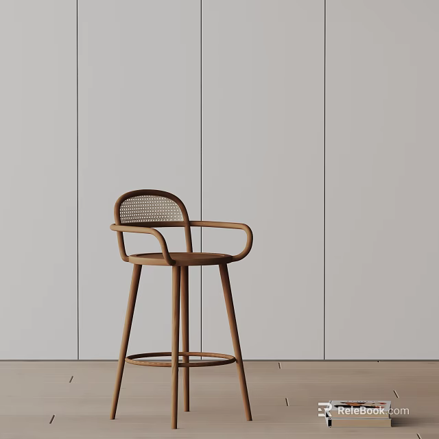 Modern Bar Stool With Wooden Frame Rattan Backrest And Armrest Design 3d model 