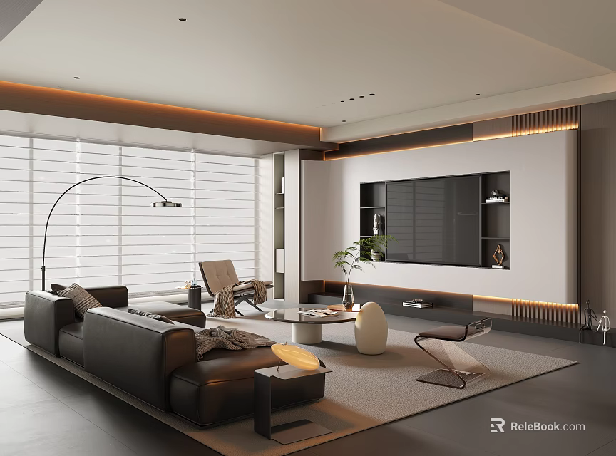 Modern Living Room Interior Design With Black Leather Sofa Floor Lamp And Large Windows Blinds 3d model 