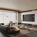 Modern Living Room Interior Design With Black Leather Sofa Floor Lamp And Large Windows Blinds