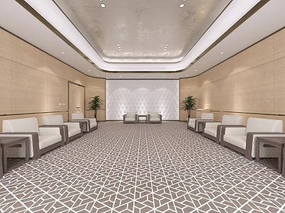 Hotel Public Lounge Area With Comfortable Sofas Chairs And Geometric Patterned Flooring 3d model