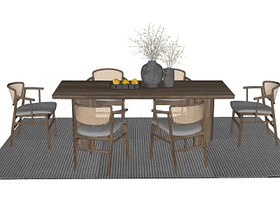 Dining Table Combination with Six Woven Wooden Chairs Light Cushions Vase Fruit Plate on Rug 3d model