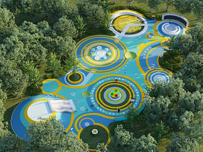 Vibrant Modern Garden Landscape Design With Circular Colorful Paved Areas And Surrounding Green Trees 3d model