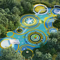 Vibrant Modern Garden Landscape Design With Circular Colorful Paved Areas And Surrounding Green Trees