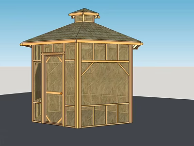 Outdoor Wooden Gazebo With Hexagonal Roof Wooden Frame Door And Windows 3d model