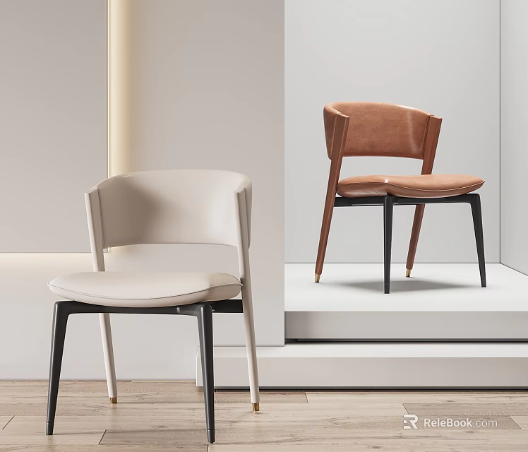 Modern Dining Chairs Featuring Light Beige Brown Leather Seats Curved Backrests And Black Metal Legs 3d model 