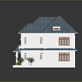 Two Story Building With Blue Roof White Walls Brown Windows And Front Plants