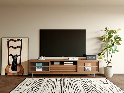 Modern TV Stand with Flat Screen TV Decorative Painting Green Plant and Patterned Rug 3d model
