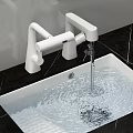 Modern Bathroom Faucet with Water Flowing from White Sink on Black Countertop and Sleek Design