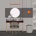 Elegant Dressing Table With Brass Round Mirror Grey Chair And Stool 3d model