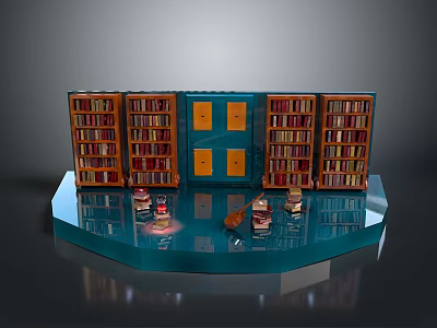 Cozy Library Interior With Wooden Bookshelves Filled With Books Shiny Floor And Stools 3d model