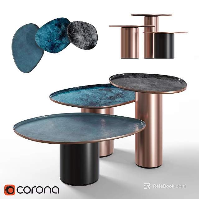 Modern Round Coffee Tables With Blue And Black Copper Base Designs 3d model 