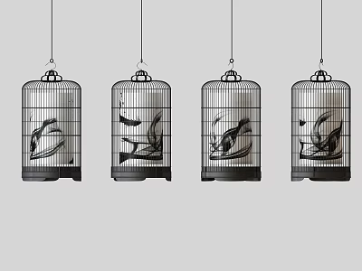 Cage Shaped Modern Chandeliers With Black Ink Patterns And Decorative Design 3d model