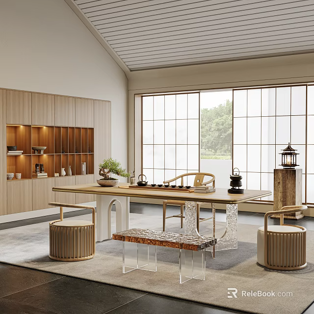 Elegant Tea Room With Wooden Cabinets Long Table Tea Sets Lantern Lattice Windows And Greenery 3d model 