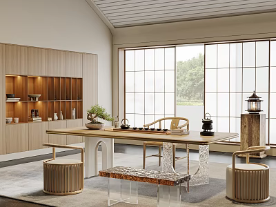 Elegant Tea Room With Wooden Cabinets Long Table Tea Sets Lantern Lattice Windows And Greenery 3d model