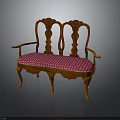 Classical Wooden Bench With Carved Backrest Armrests And Red White Checkered Upholstery