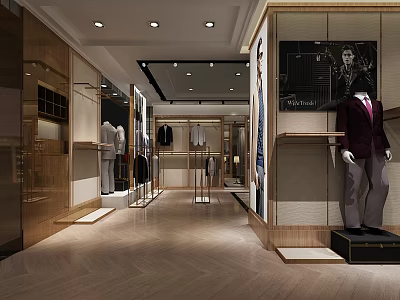 Modern Clothing Store Interior With Mannequins Hanging Garments Display Racks And Wooden Flooring 3d model