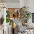 Gray Lounge Chair In Modern Interior With Yellow Vase Wooden Side Table And Green Plants
