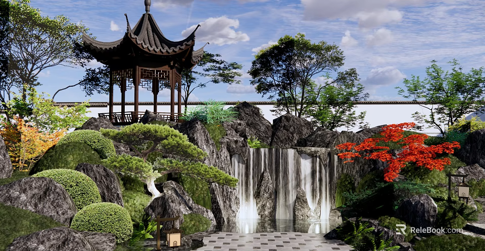 Rockery Stones in Traditional Garden with Waterfall Pavilion Green Plants and Red Trees 3d model 