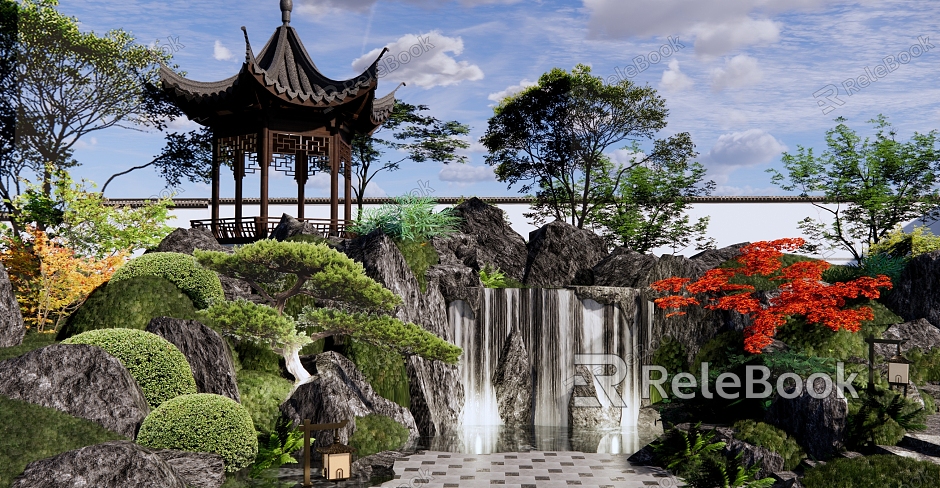 New Chinese Courtyard Jianfa Demonstration Area Landscape Hexagonal Pavilion Frockery Waterscape Falling Waterfall Frockery Landscape Stone Garden model