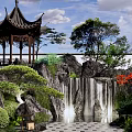 Rockery Stones in Traditional Garden with Waterfall Pavilion Green Plants and Red Trees