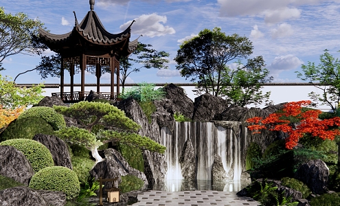 New Chinese Courtyard Jianfa Demonstration Area Landscape Hexagonal Pavilion Frockery Waterscape Falling Waterfall Frockery Landscape Stone Garden 3d model