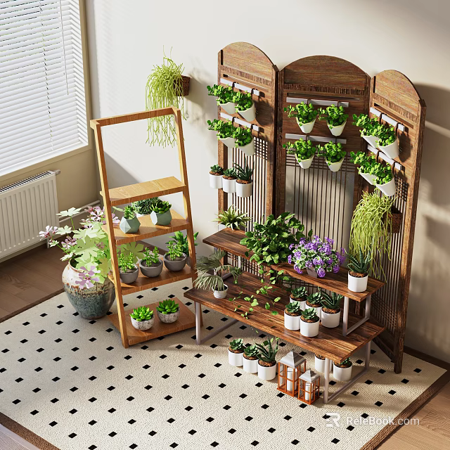 Indoor Plant Combination Featuring Wooden Shelves Hanging Racks Succulents Vines And Purple Flowering Plants 3d model 