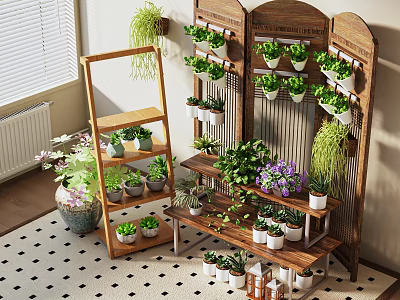 Indoor Plant Combination Featuring Wooden Shelves Hanging Racks Succulents Vines And Purple Flowering Plants 3d model