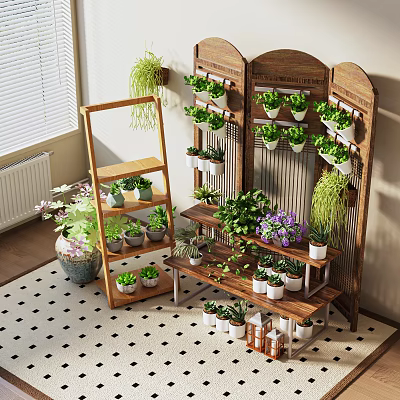 Indoor Plant Combination Featuring Wooden Shelves Hanging Racks Succulents Vines And Purple Flowering Plants 3d model