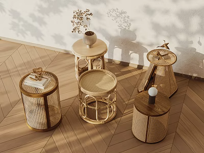 Various Rattan Side Tables With Decorative Vase And Books On Wooden Floor 3d model