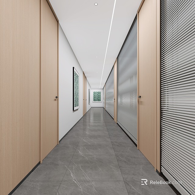 Modern Office Corridor With Wooden Doors Glass Partitions And Gray Floor Tiles 3d model 