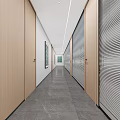 Modern Office Corridor With Wooden Doors Glass Partitions And Gray Floor Tiles