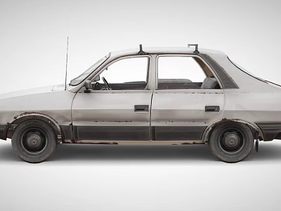 Old Vintage Sedan With Rusted Body Worn Tires And Faded Paint Exterior View 3d model