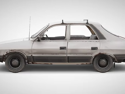 Old Vintage Sedan With Rusted Body Worn Tires And Faded Paint Exterior View 3d model