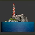 Red And White Striped Lighthouse On Rocky Island Surrounded By Blue Ocean Waves