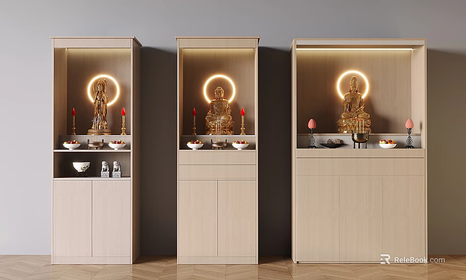 Traditional Wooden Buddhist Shrines Featuring Golden Buddha Statues With Halos And Offerings 3d model 