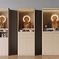Traditional Wooden Buddhist Shrines Featuring Golden Buddha Statues With Halos And Offerings