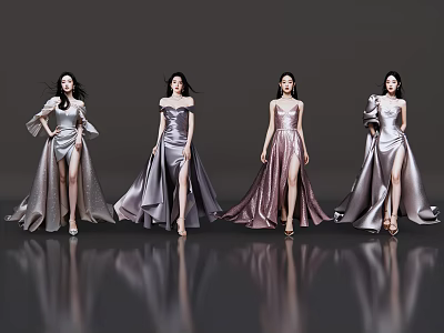 Women Standing In Different Style Silver Pink Long Dresses With Slits On Reflective Grey Floor 3d model