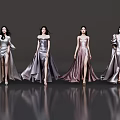 Women Standing In Different Style Silver Pink Long Dresses With Slits On Reflective Grey Floor