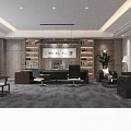 Modern Professional Office Interior With Executive Desk Bookshelves Sofa Green Plant And Gray Carpet