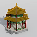 Traditional Ancient Chinese Pavilion With Yellow Roof Red Pillars And Green Lattice Windows