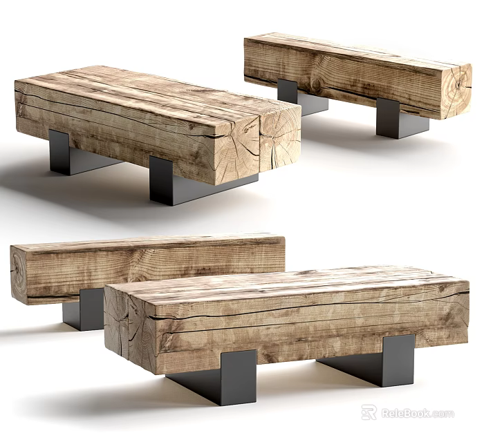 Modern Wooden Stools with Natural Wood Grain and Black Metal Legs 3d model 