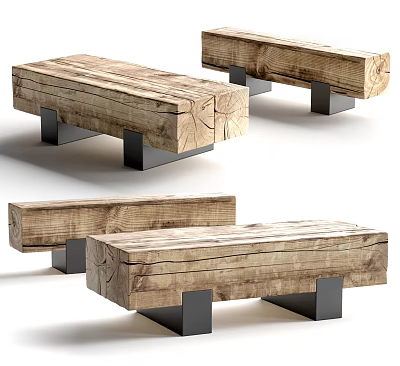 Modern Wooden Stools with Natural Wood Grain and Black Metal Legs 3d model