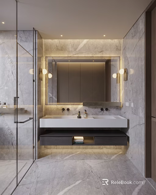 Luxurious Bathroom With Marble Walls Illuminated Mirror Glass Shower And Vanity 3d model 