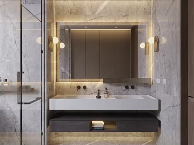 Luxurious Bathroom With Marble Walls Illuminated Mirror Glass Shower And Vanity 3d model