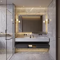 Luxurious Bathroom With Marble Walls Illuminated Mirror Glass Shower And Vanity